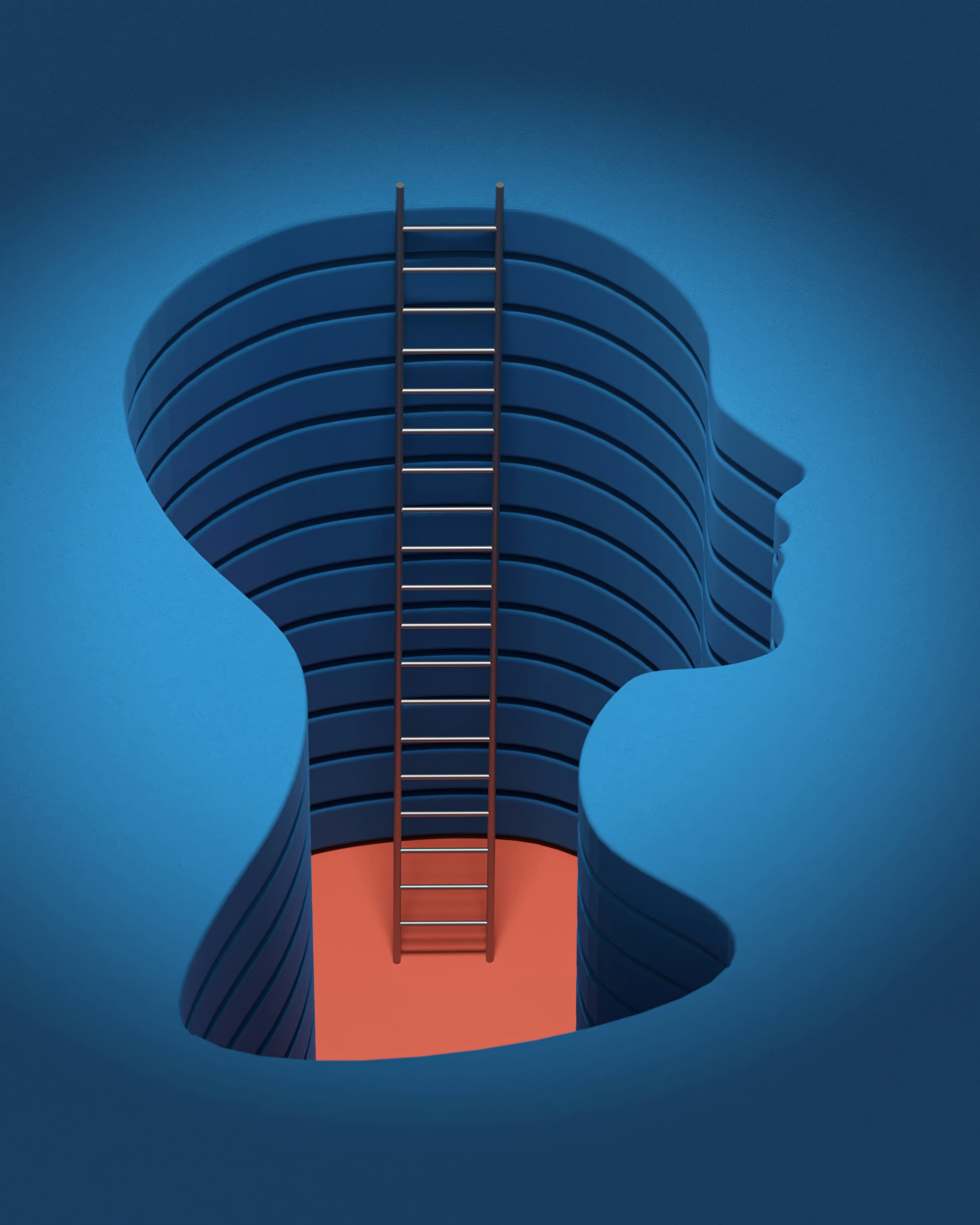 An abstract illustration of a human head in cross-section, showing layers within and a ladder rising out — understanding the mind from the inside, with a way through